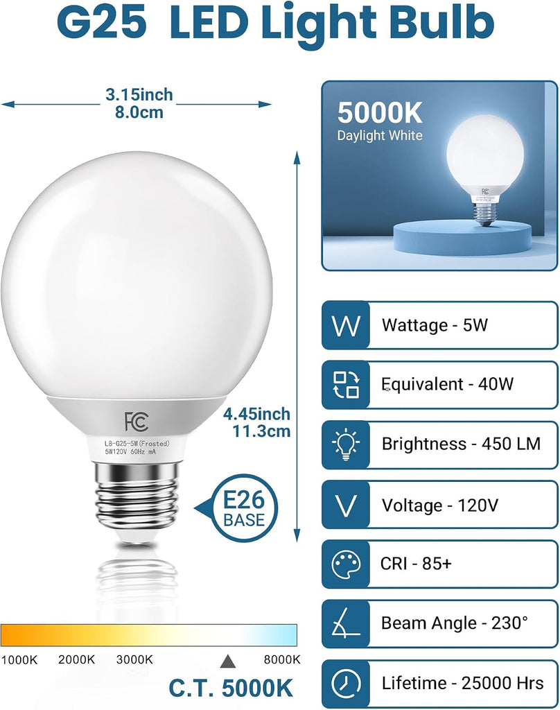G25 LED Globe Light Bulbs, Vanity Bulb 40W Equivalent