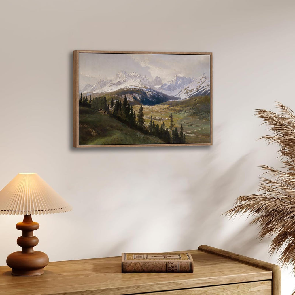 Framed Vintage Mountain Landscape Canvas Wall Art Rustic Farmhouse Pine Tree Picture Print Countryside Cabin Painting