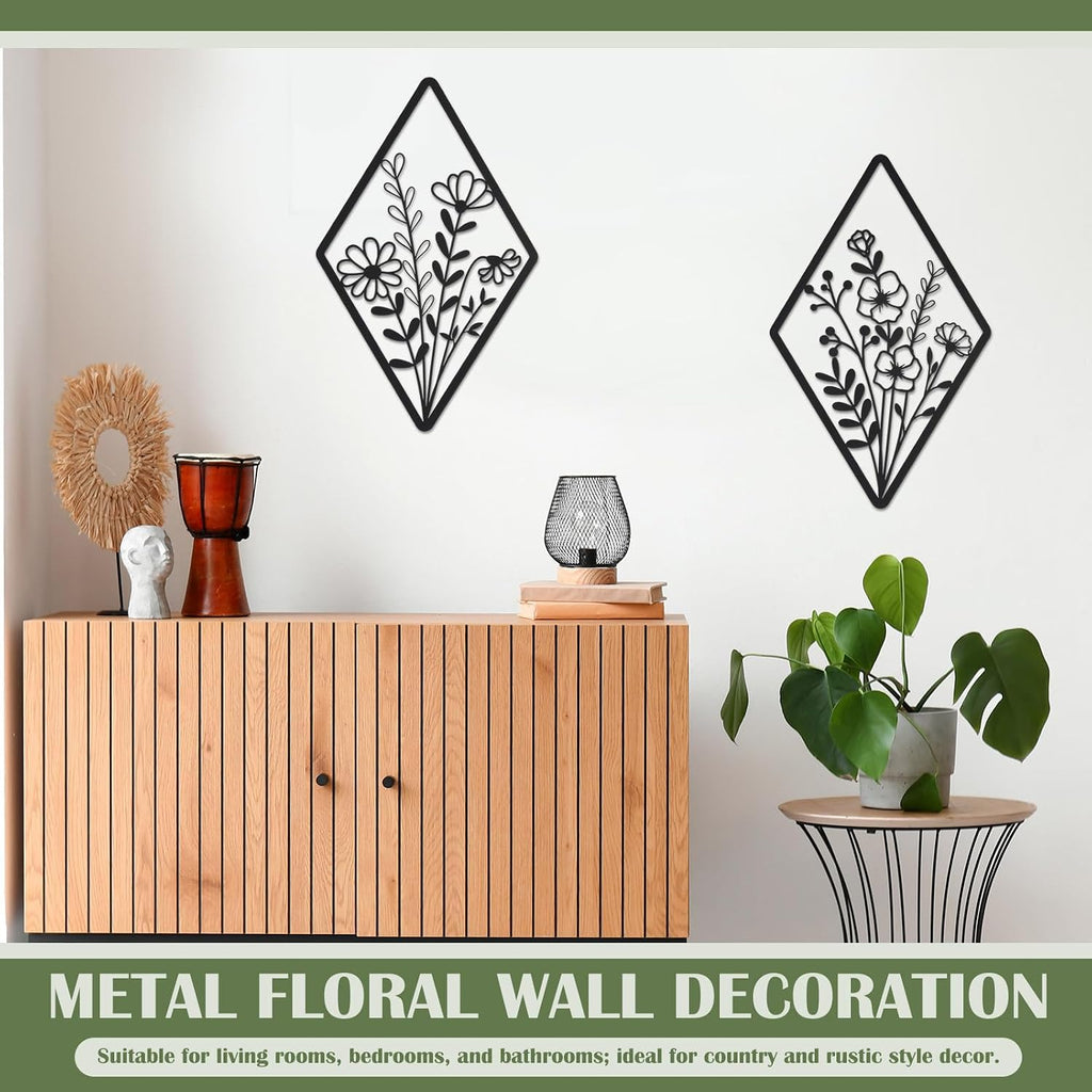 Metal Wall Art, Metal Flower Wall Decor, Black - Set of 2