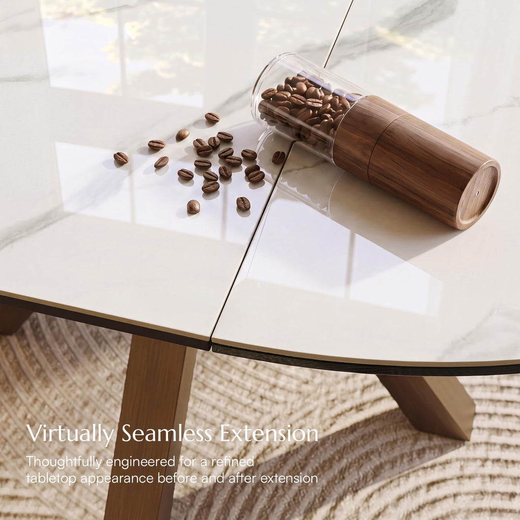 Modern Extendable Dining Table, 47" to 63" Round to Oval Sintered Stone Kitchen Table with Carbon Steel Pedestal Base