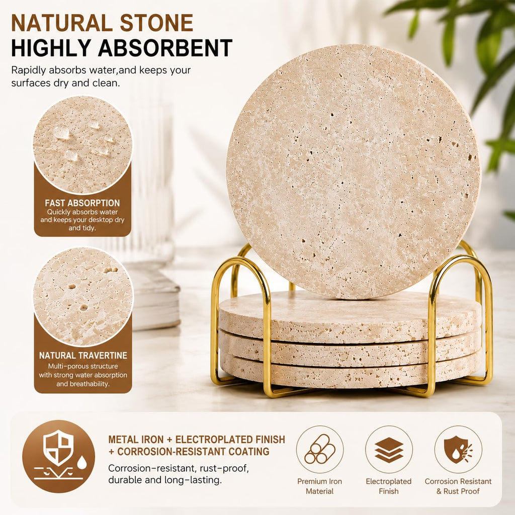 Coasters Natural Travertine Marble Coasters Set of 4 for Drinks Absorbent Stone with Holder Style Ceramic Drink