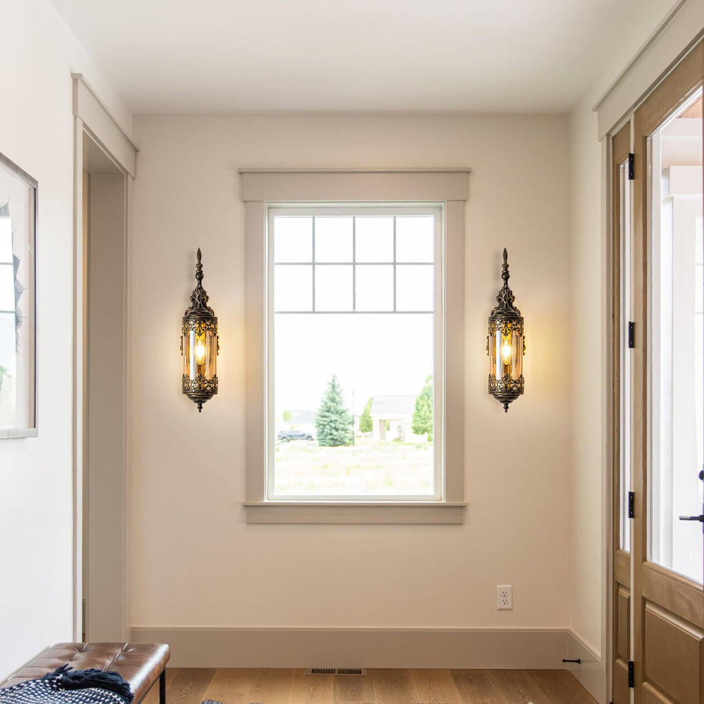 Antique Gothic Amber Glass Wall Sconce, 2-Pack