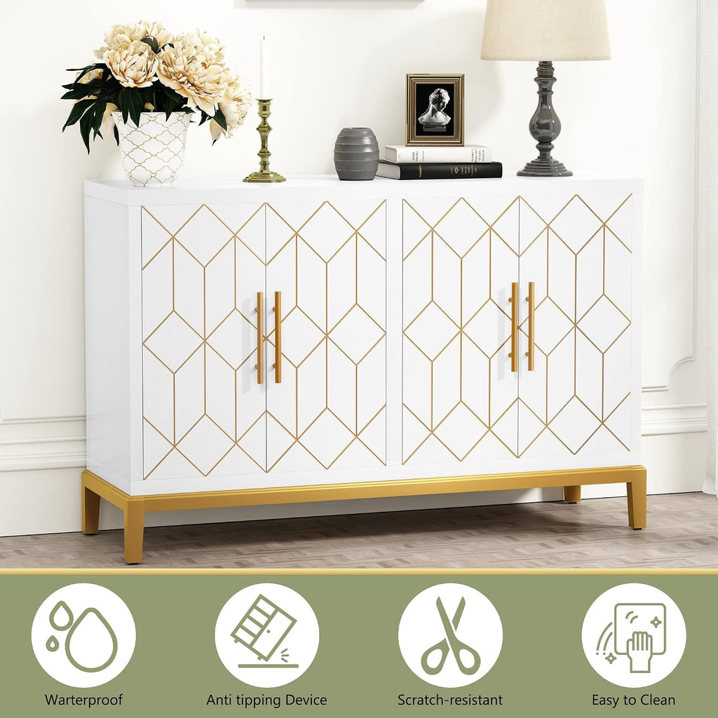 Accent Cabinet with 4 Doors&Shelves, Sideboard Buffet Cabinet with Gold Trim, Modern White Storage