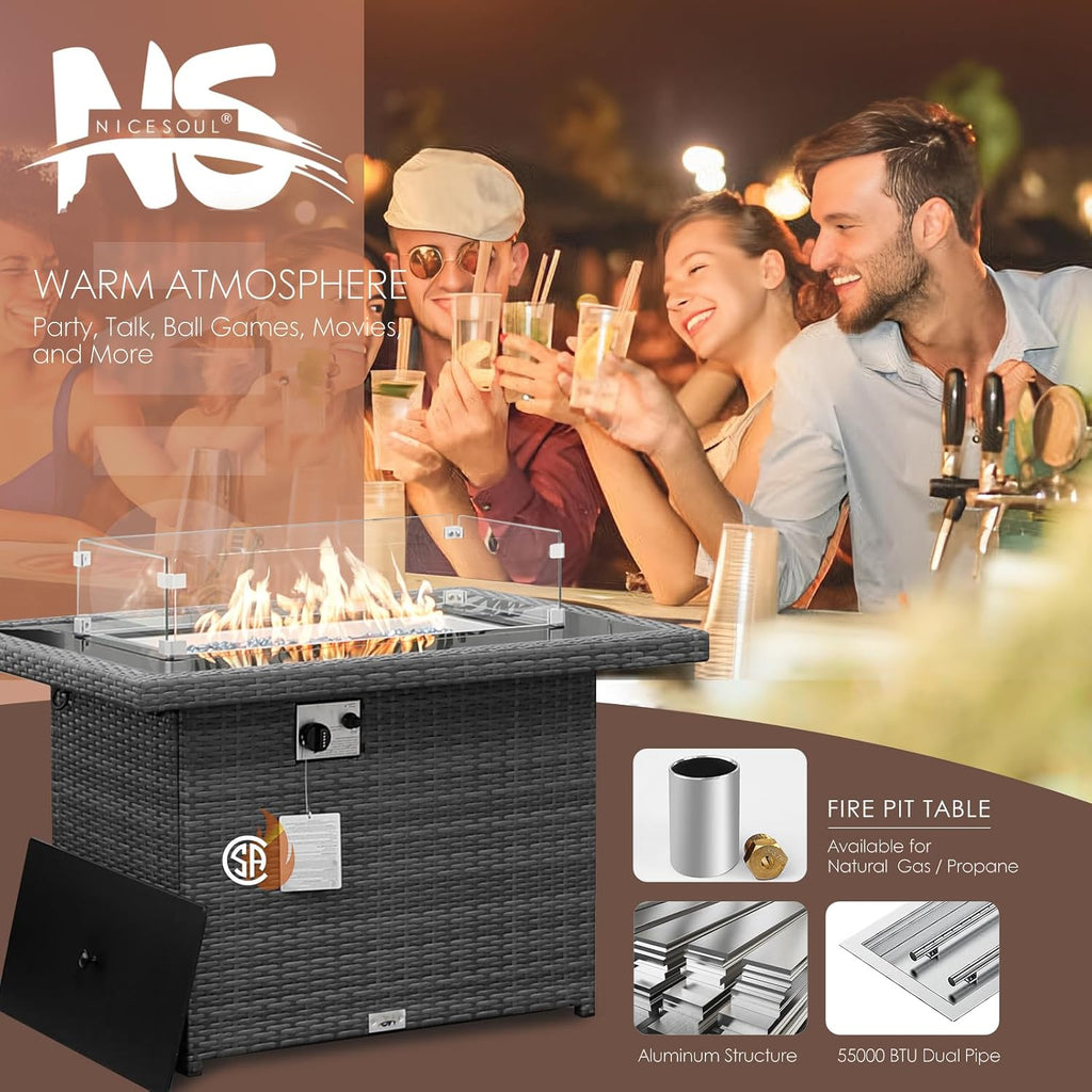 Wicker Propane Fire Pit Table, 60000 BTU Large Natural Gas Firepit Tables, 43'' Rectangle CSA Fireplaces for Deck