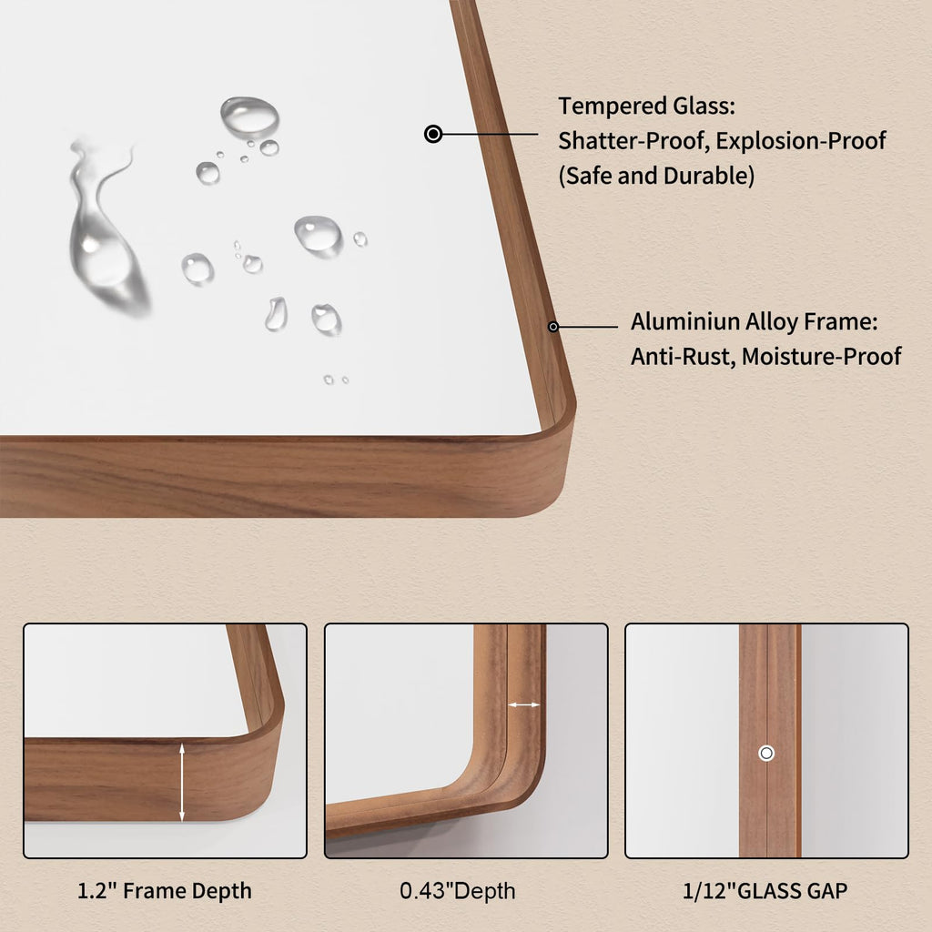 24X32 Inch Bathroom Mirror with Wood Grain Colored Metal Frame, Rounded Rectangle Metal Framed Bathroom Mirror