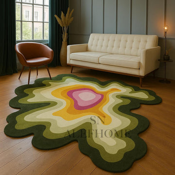 Premium Hand-Tufted Wool Rug - Irregular Organic Shape with Optical Illusion Design | Modern Accent Carpet (Green5' x