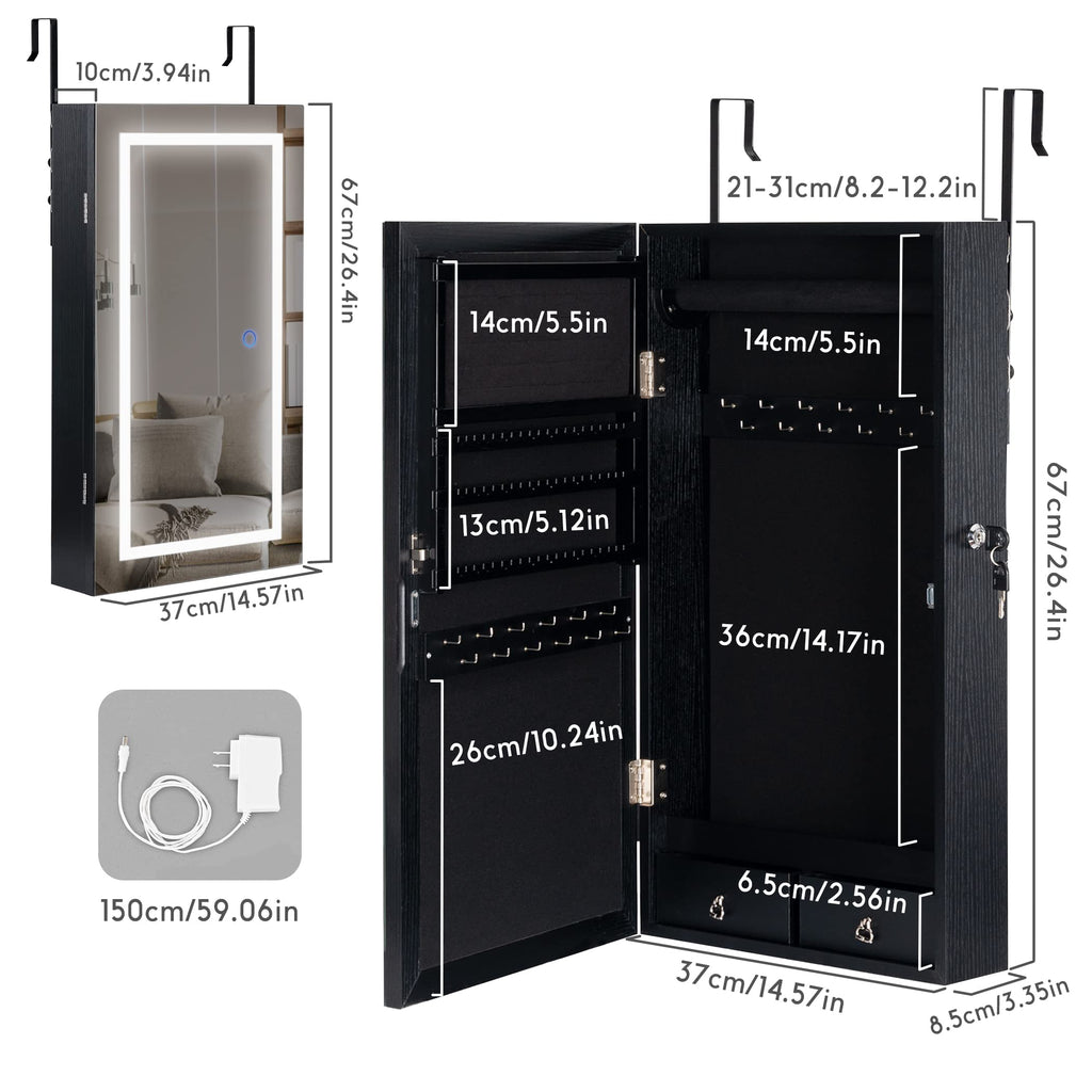 Lockable Jewelry Cabinet Armoire with LED Lighted Mirror - Black