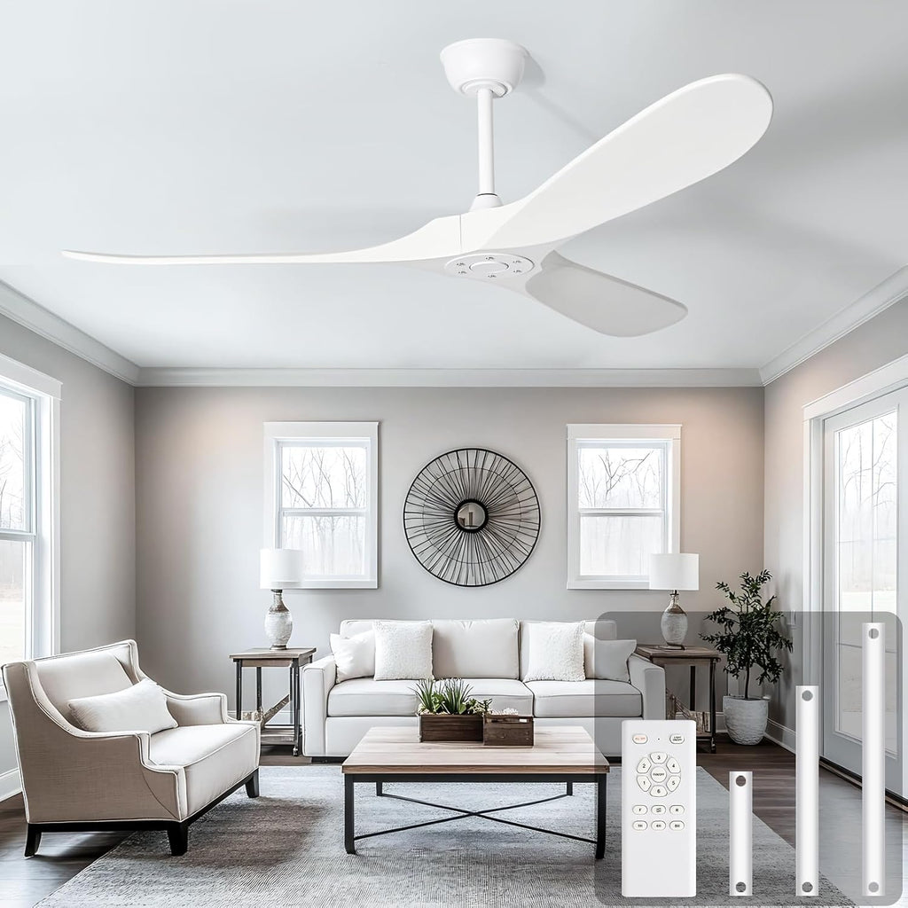 60 Inch White Ceiling Fan No Light，Indoor Outdoor 3 Blade Wood Ceiling Fans Without Lights for Patios Bedroom Living