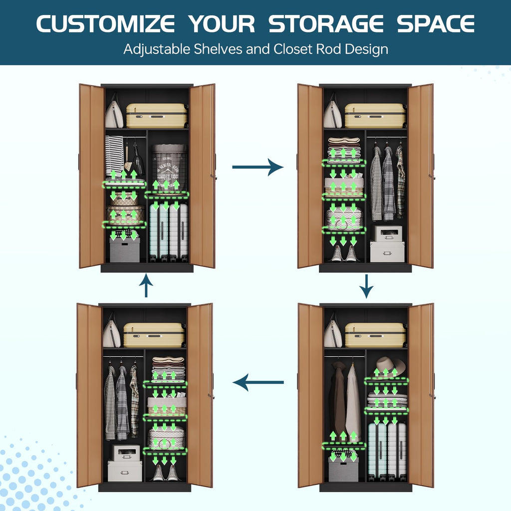 Metal Wardrobe Cabinet with Locking Doors, Metal Storage Armoire Closet for Clothing, 2 Door Woodgrain Locker Cabinet