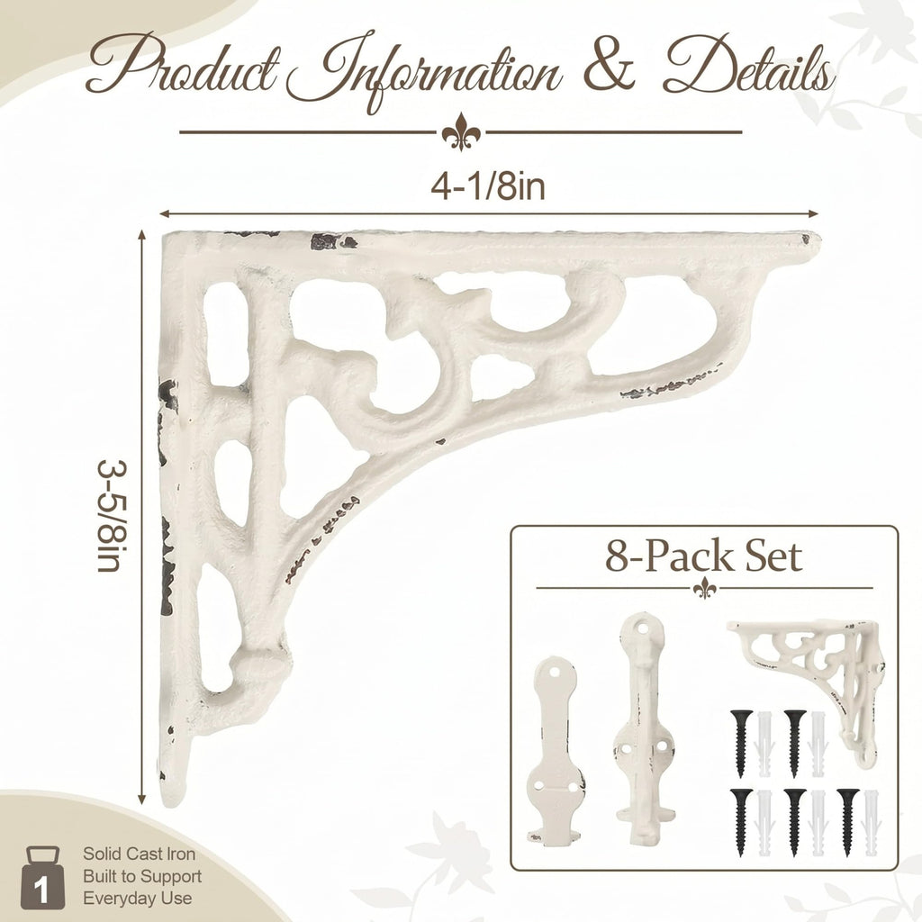 8 Pack 4-1/8 x 3-5/8 Shelf Bracket Decorative L Cast Iron Shelf