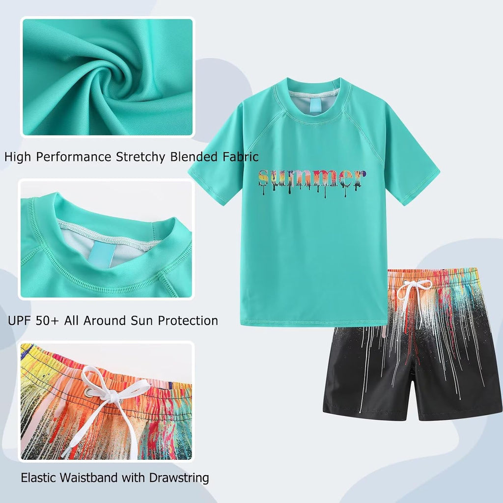 Boys Rash Guard Swimsuits Set for Boys Short Sleeve Swim Shirts with Trunks 2 Piece Quick Dry Swim Set