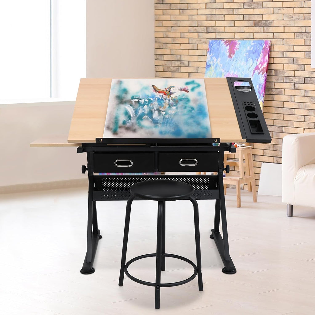 Drafting Table Drawing Desk Art&Craft Work Station Height Adjustable Tilting Tabletop Craft Table Desk w/Stool and 2