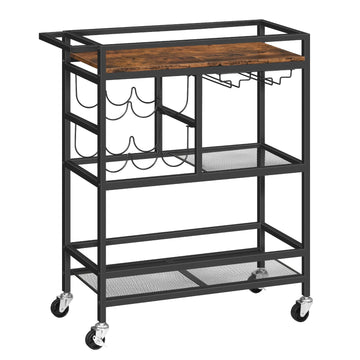 Bar Cart, 3-Tier Serving Cart with Wheels and Handle, Beverage Cart with Wine Rack and Glass Holders, Rolling Wine