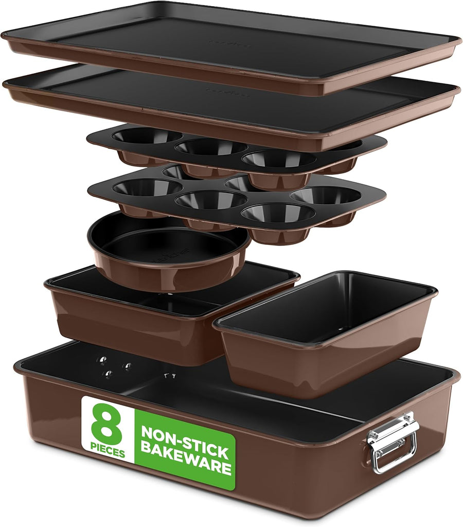 8-Piece Nonstick Stackable Bakeware Set - PFOA, PFOS, PTFE Free Tray Set w/Non-Stick Coating, 450°F Oven Safe, Round