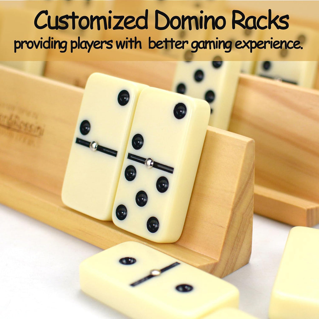 Dominos Set for Adults with 4 Domino Racks Double Six Dominoes Set in Portable Case with 4 Wooden Domino Holders - Set of 4