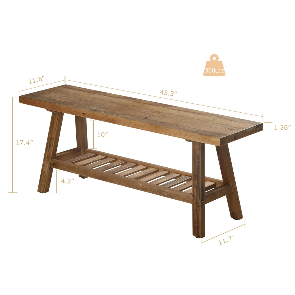Reclaimed Solid Wood Bench-43.3" Entryway Bench with Storage Shelf