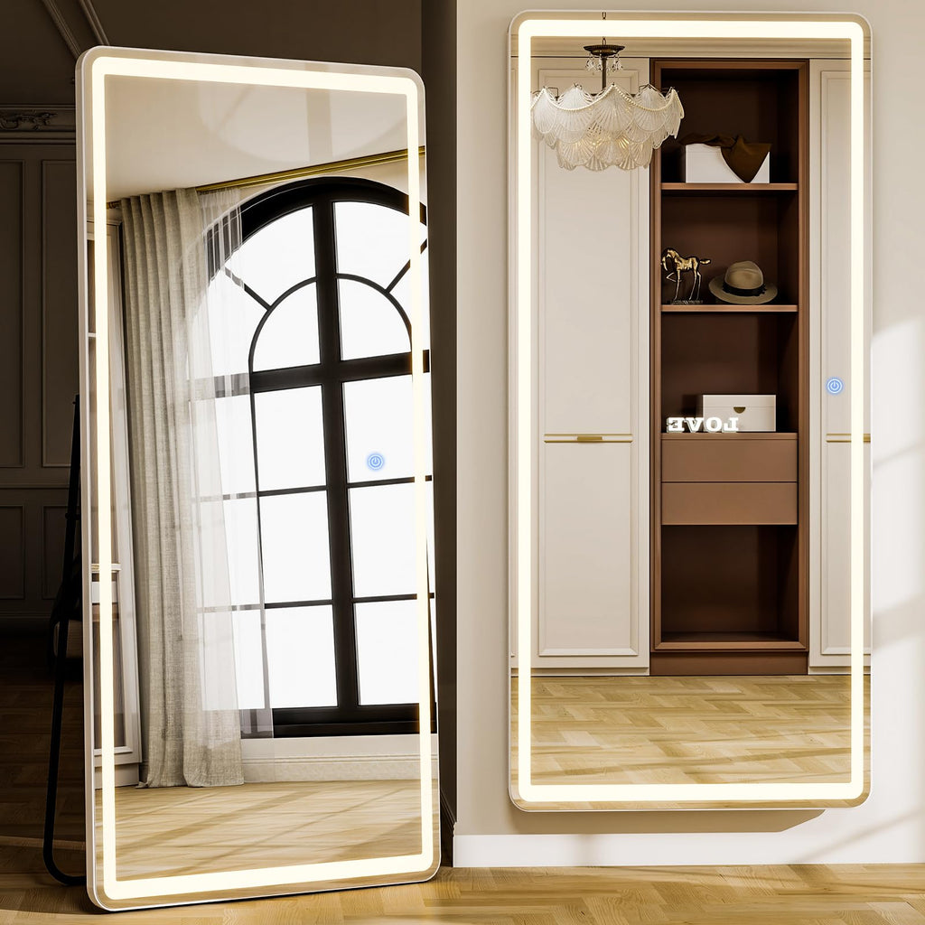 71" x 26" Rounded LED Full Length Mirror - Aluminum Frame Full Body Mirrors Standing Mirror with Dimmable Lights