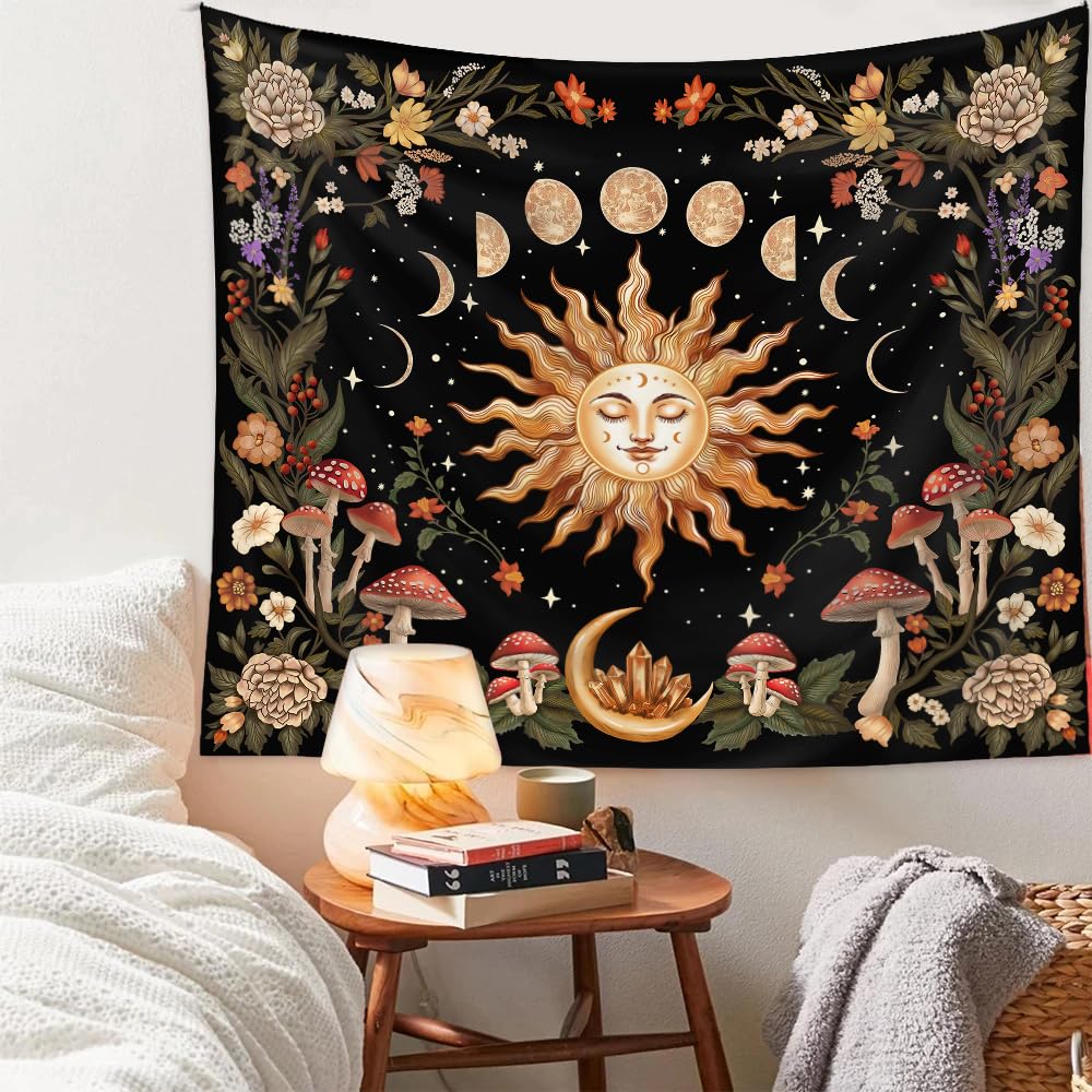 Burning Sun Wall Tapestry Moon Phase Tapestry Wall Hanging Witchy Room Decor Botanical Flowers Tapestries Aesthetic