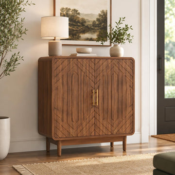 31.5" Walnut Credenza Sideboard Buffet Cabinet, 2 Doors, Kitchen | Carved panels, Gold pulls, Arched Doors, raised