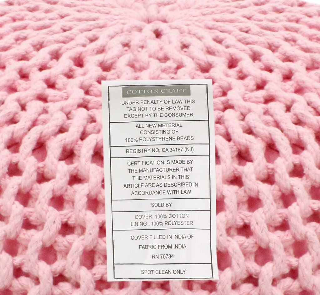 Round Pink Pouf - Hand Knitted Cotton Braid Cord Dori Ottoman