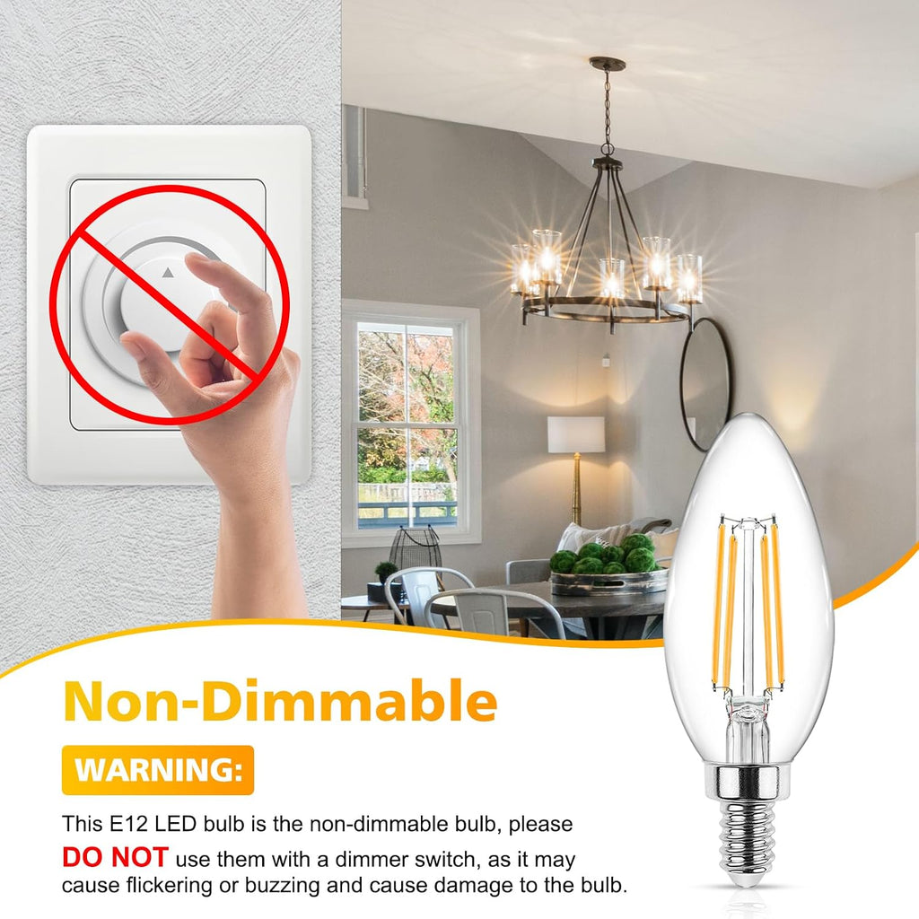 E12 Candelabra LED Light Bulbs 60 Watt Equivalent, Warm White 2700K, Non-Dimmable, 550 Lumen, Clear LED Filament