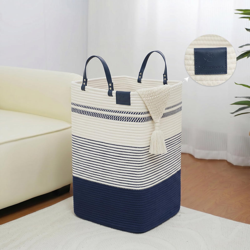 75L Woven Laundry Hamper with Long Leather Handles, Baby Laundry Basket , Tall Hampers Aesthetic, Decorative Clothes