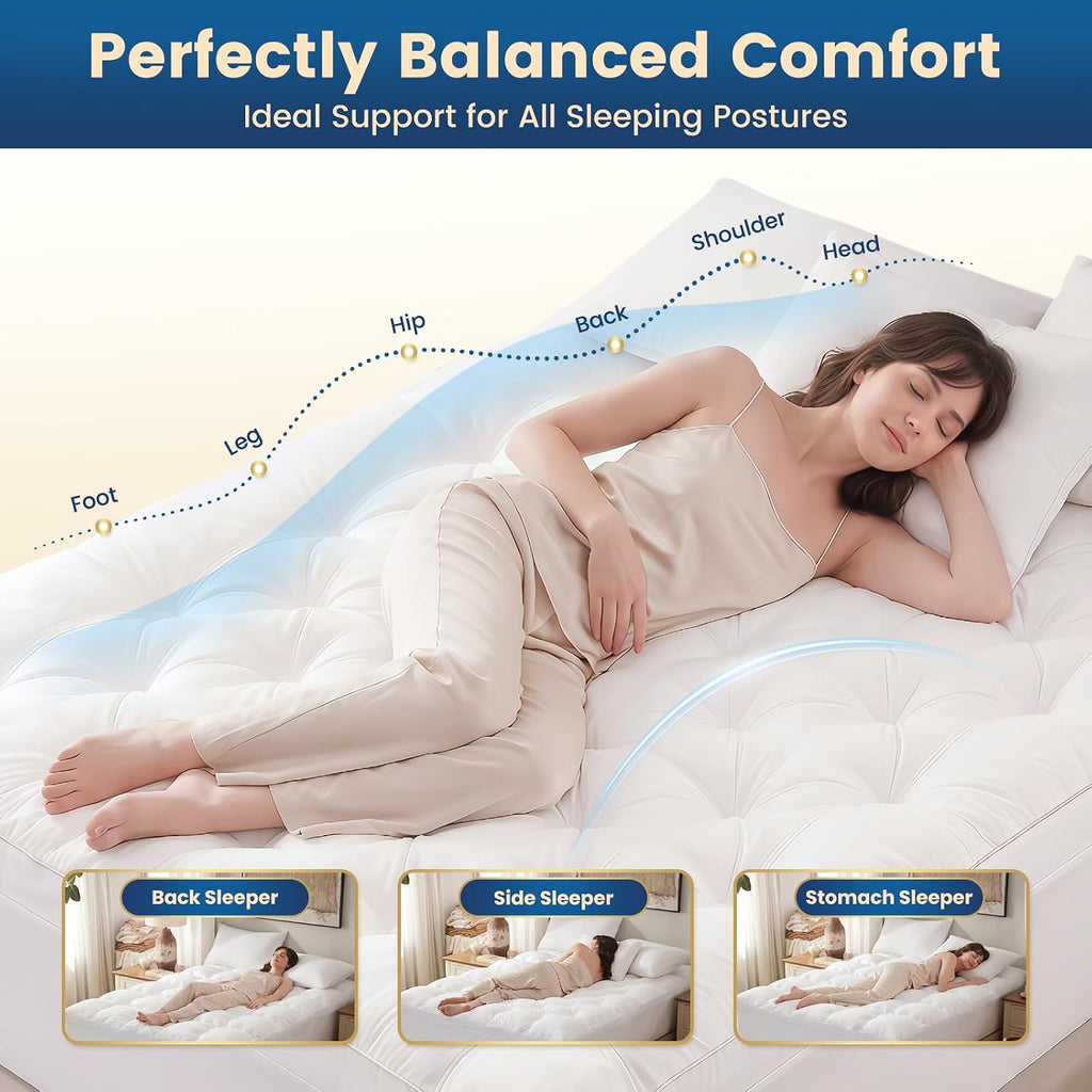 4 Inch Memory Foam Mattress Topper Queen Size for Back Pain Relief | Quilted Pillow Top Fitted Mattress Pad with 360°