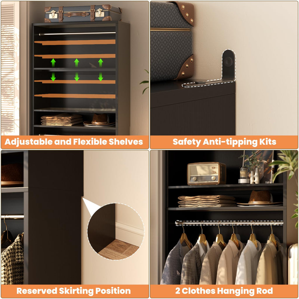 3FT Closet System with 2 Hanging Rods & Adjustable Shelves, Black