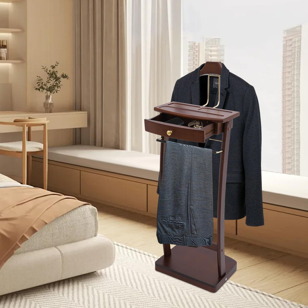 Wooden Valet Stand, Clothes Valet Stand for Men Freestanding Suit Clothes Valet with Drawer, Tray, Contour Hanger