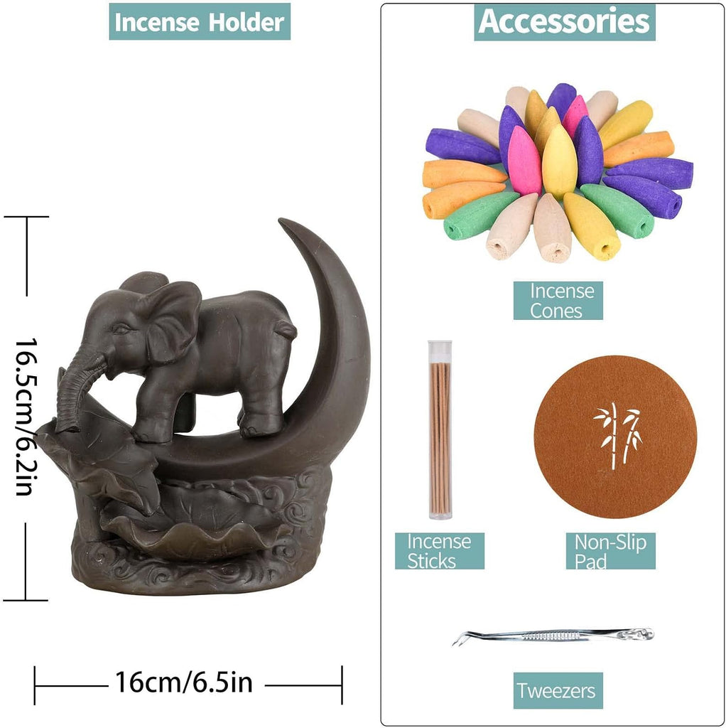 Elephant Backflow Incense Burner with 20 Cones, 30 Sticks, Tweezer, Mat - Set of 50
