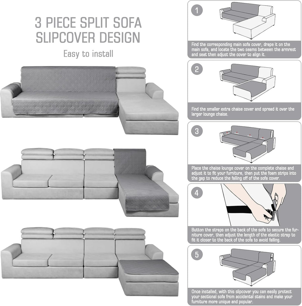 Waterproof Sectional Couch Covers L Shaped Sofa Covers Chaise Lounge Cover 3pcs Reversible Sofa Covers for Sectional