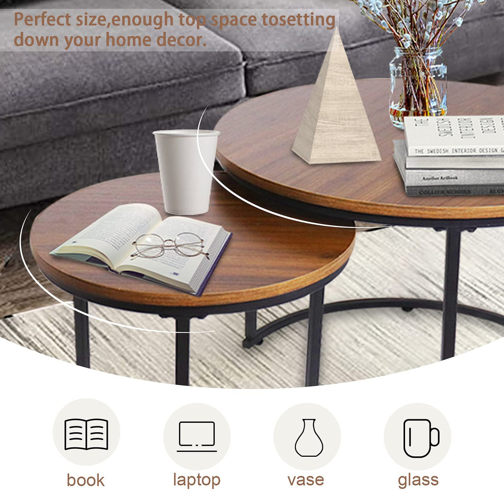 Coffee Nesting Side Round Set of 2 End Top Sturdy Metal Frame Desk Centerpiece Living Room Bedroom Apartment Modern