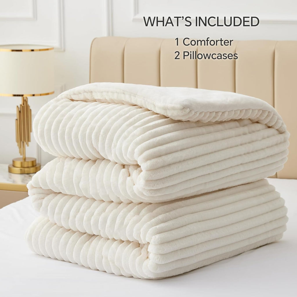 Fleece Comforter Set-Super Soft & Warm Fluffy Cream White Bedding