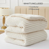 Fleece Queen Comforter Set -Super Soft & Warm Fluffy Cream White Bedding