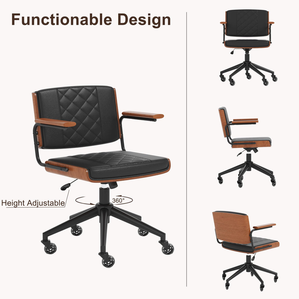 Mid-Century Modern Office Chair with Rubber Wheels & Walnut Arms - PU Leather Mid-Back Desk Chair, Bentwood Backrest