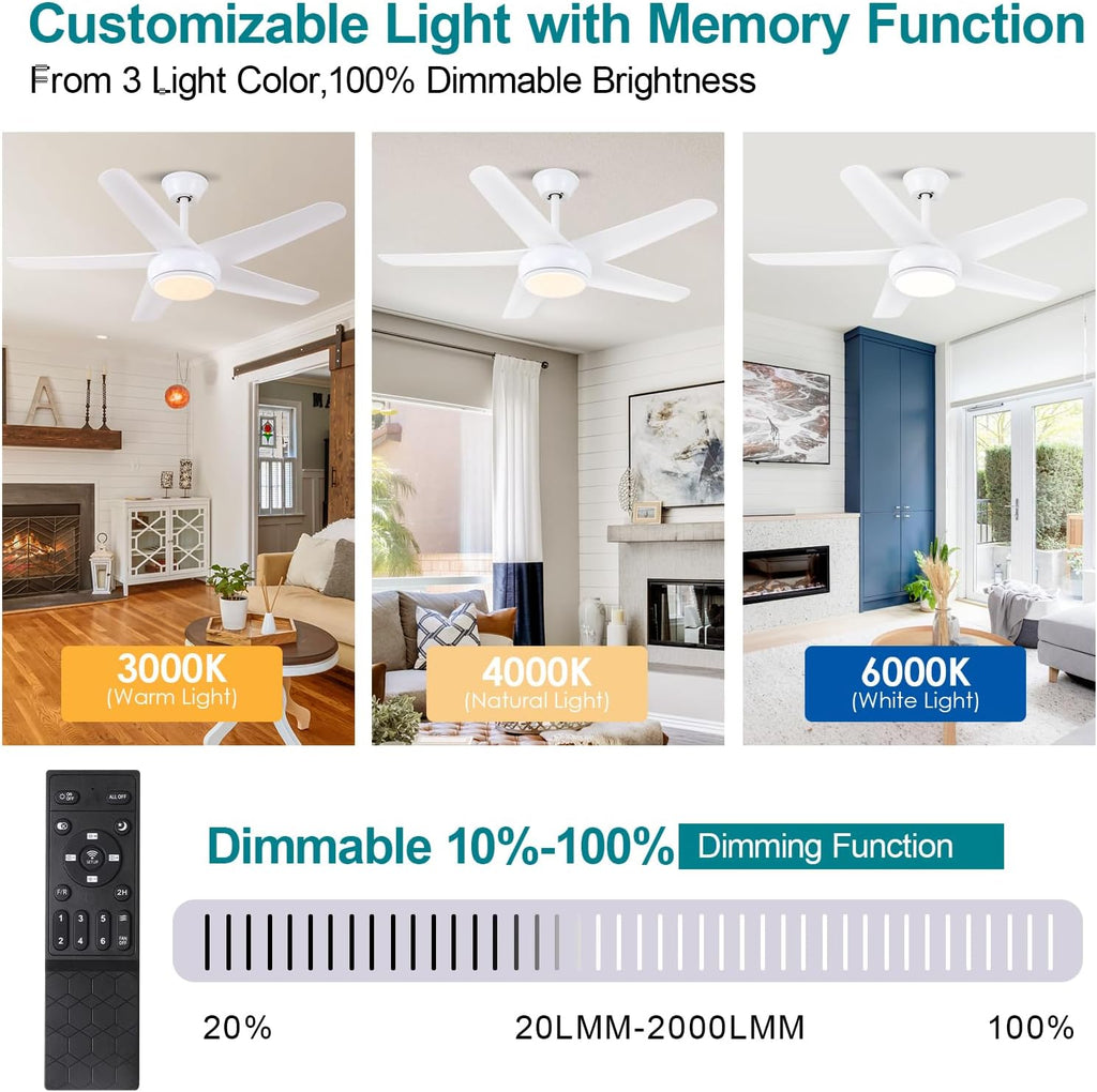 White Ceiling Fans with Lights - 44" Modern Ceiling Fans with 5 Blades and 3CCT Dimmable, Low Profile Ceiling Light Fixture, Indoor/Outdoor Ceiling Fan Light for Bedroom, Covered Patios A101-B0D8W5DCT2