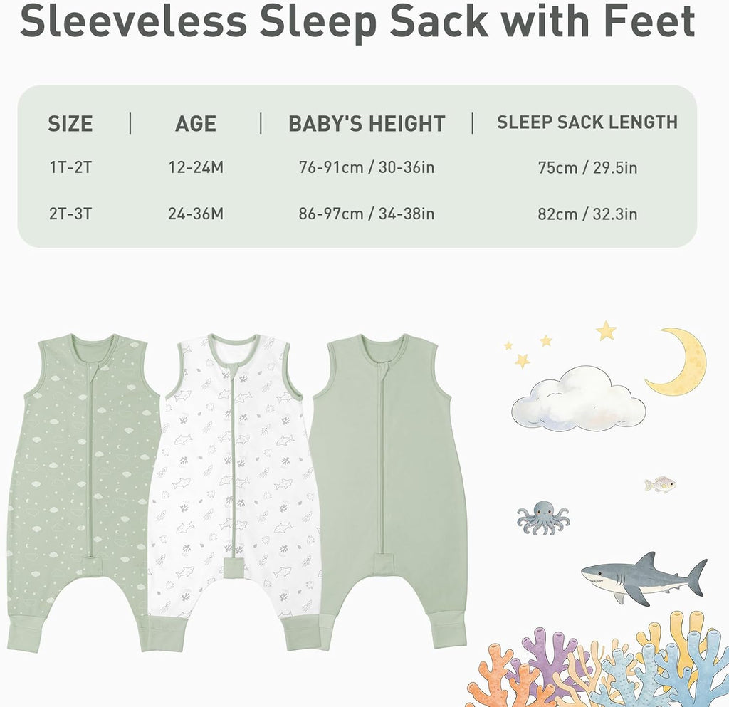 100% Organic Cotton Toddler Sleep Sacks 3 Pack with Feet Foldable Footies Early Walker Baby Sleeping