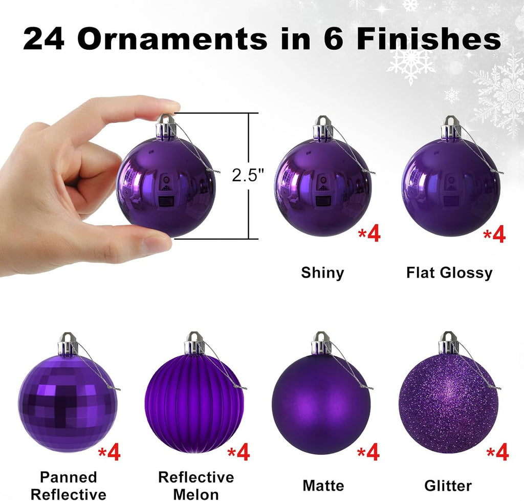 Christmas Balls Ornaments - Shatterproof Christmas Tree Decorations Medium Hanging Ball Purple 2.5in x 24 Pack - Set of 24