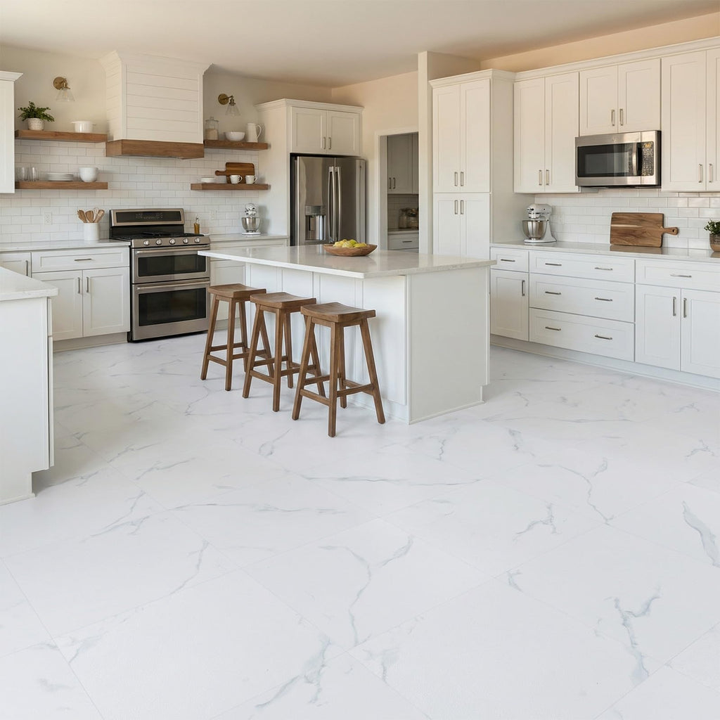 Peel and Stick Vinyl Floor Tiles | White Marble | 30 Tiles