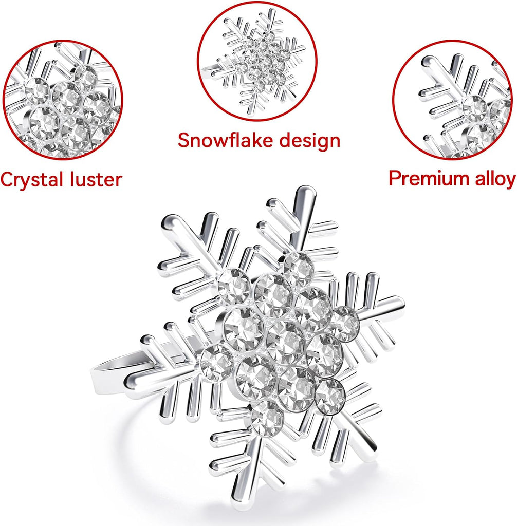 Christmas Silver Snowflake Napkin Rings, Napkins Ring for Dinning Table - Rustic Dinner Tables Decoration - Set of 12