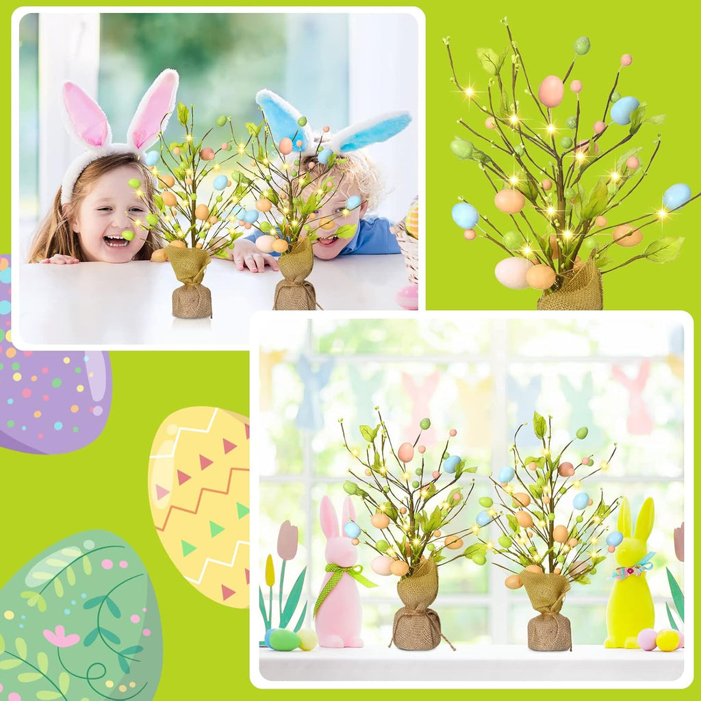 Easter Egg Tree Decorations 18 Inch Pre Lit Easter Egg Tree Tabletop Decor with LED Light Spring Party - Set of 2