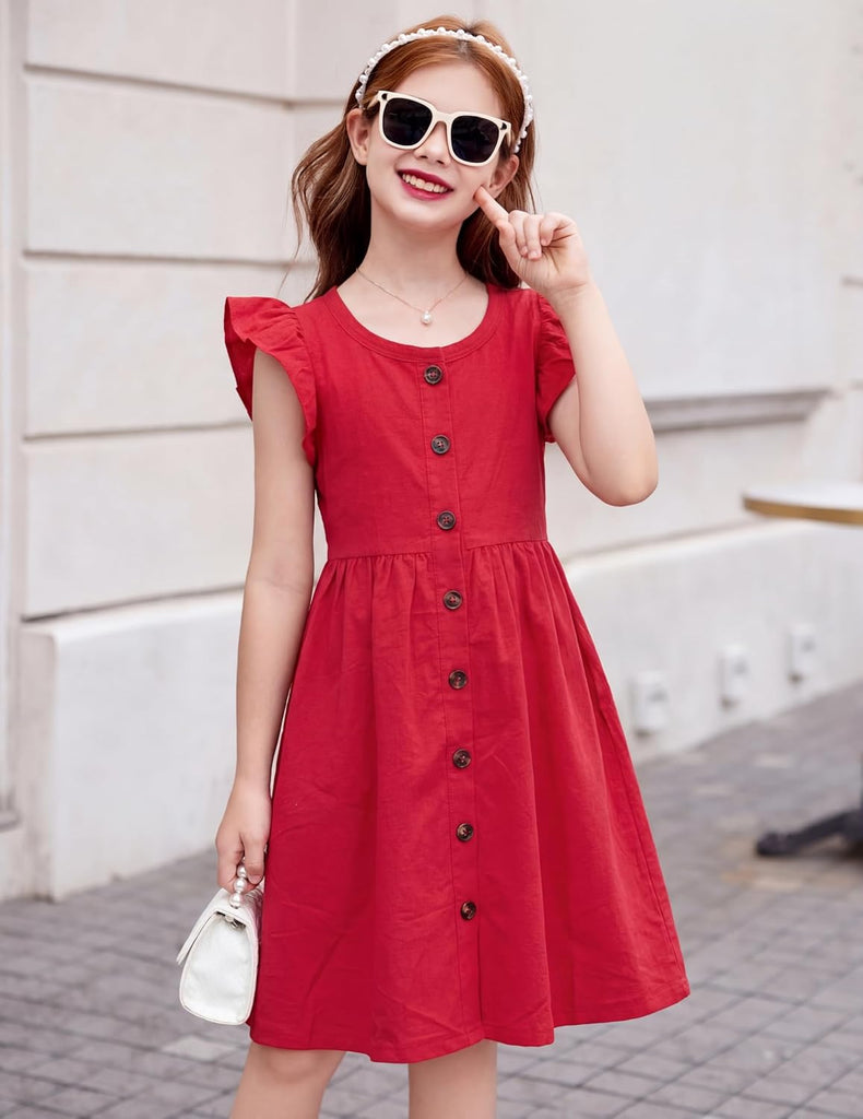 Girls Dress Flutter Sleeve Button Summer Sundress with Pockets