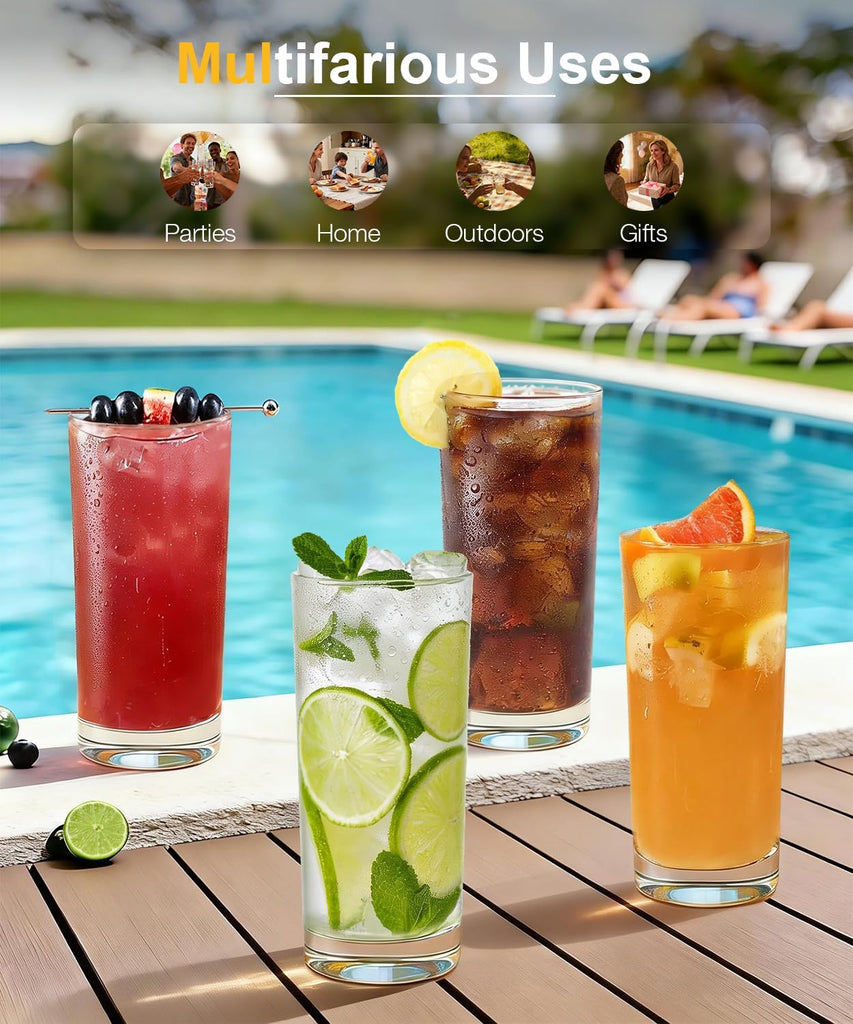 Drinking Water Glasses Set, Lead-Free Crystal Highball Glass, Tall Glass Cups for Cocktail Parties,Clear set of 8,16oz