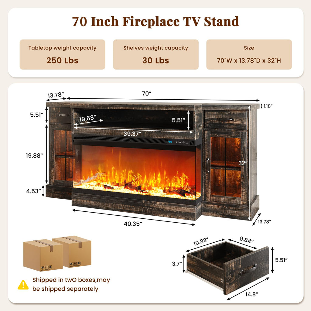 70" Fireplace TV Stand for TVs Up to 80", Farmhouse Entertainment Center with 3-Sided Glass Electric Fireplace, 2