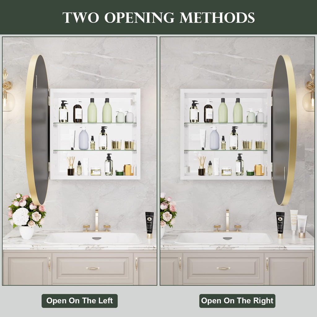 Bathroom Medicine Cabinet with Mirror, 28 Inch Gold Round Mirror Medicine Mabinet Wall Mounted with Aluminum Alloy