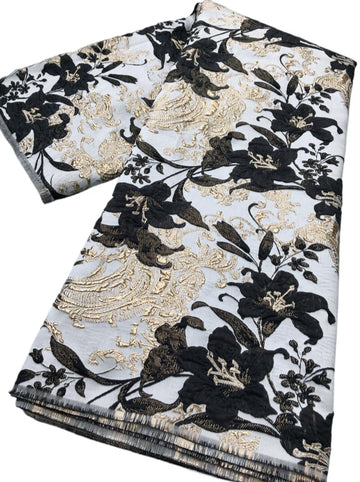 African Lace Fabric 5 Yards Floral Embroidery with Gold Foil Craft, Wedding Dress Gown Fabric (Black)