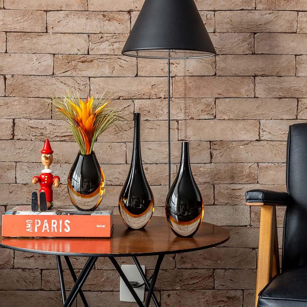 Murano Style Art Glass Drop Vase Hand Blown Black and Amber Home Decor | Hand Blown Glass Drop, Decorative Table