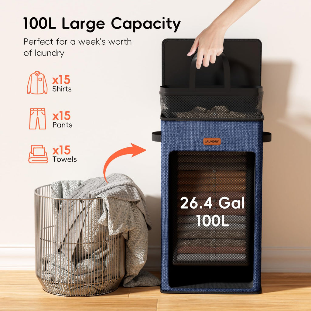 100L Laundry Basket with Lid, Dirty Clothes Hamper, Blue