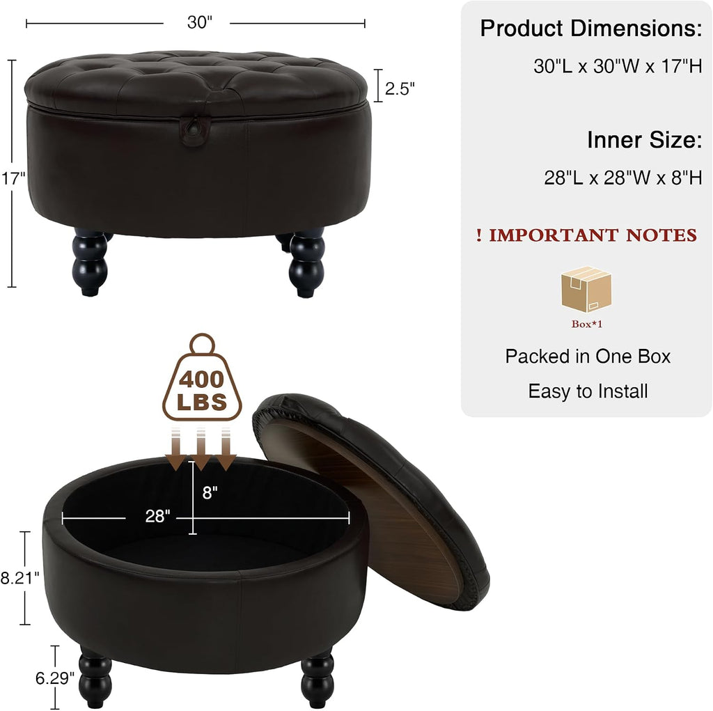 30 Inch PU Leather Round Storage Ottoman with Tray, Modern Upholstered Tufted Coffee Table with Storage, Large
