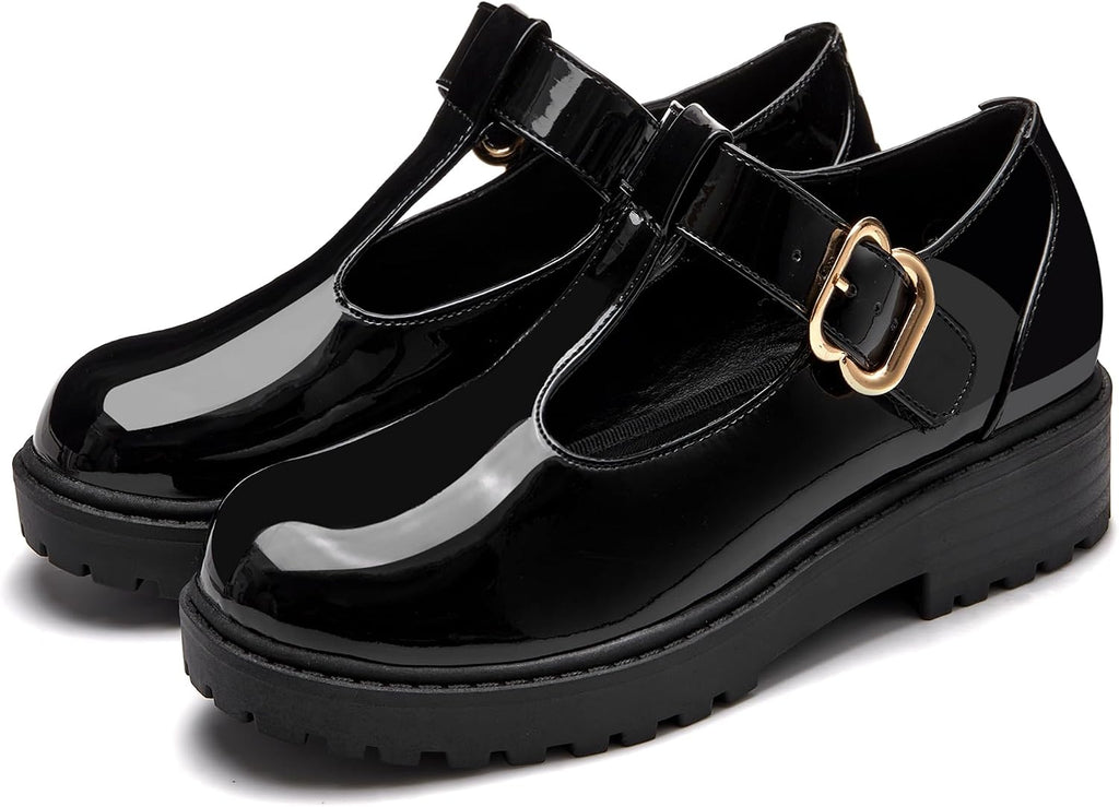 Girls Mary Jane Dress Shoes Platform Loafers School Uniform Chunky Heel Closed Toe T-Strap Flats